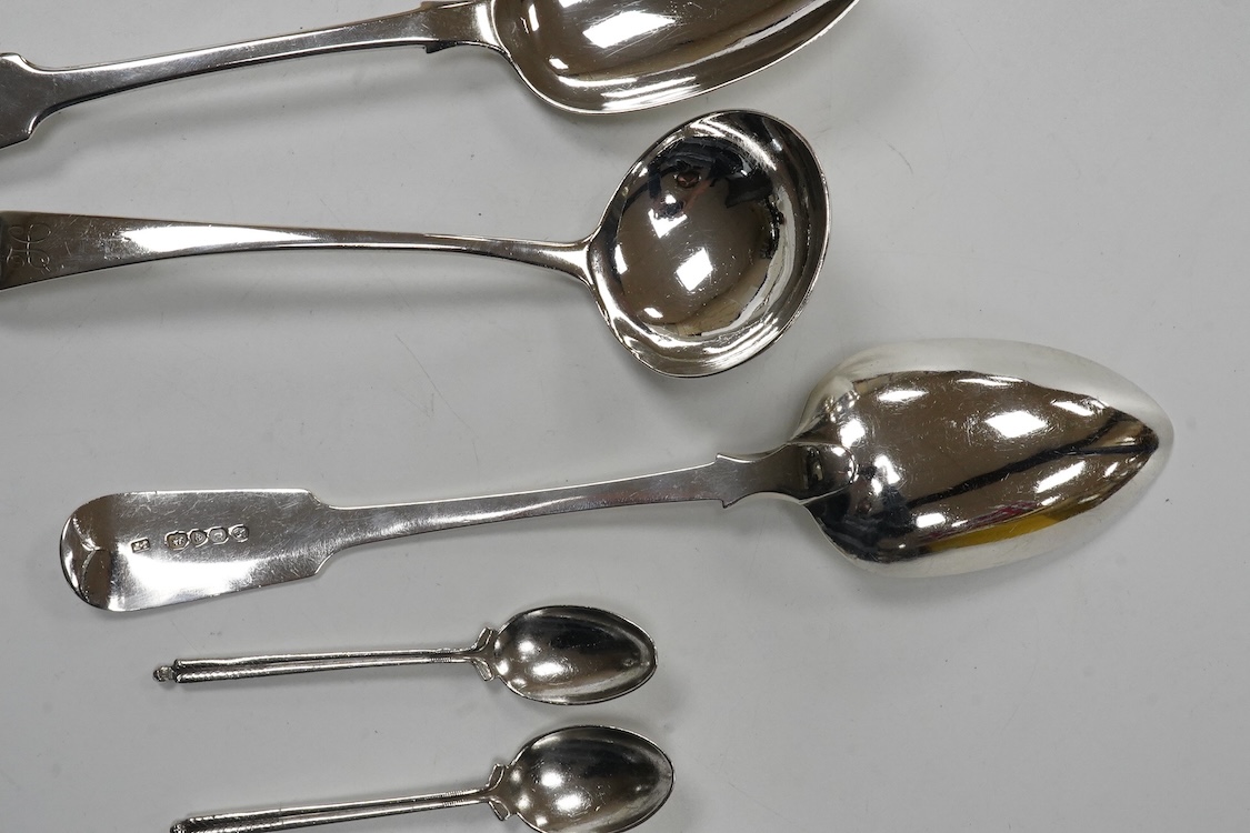 A matched set of three 19th century silver fiddle pattern tablespoons, Josiah Piercy I, London, 1828(2) and The Lias Brothers, London 1831, together with a George III silver Old English pattern sauce ladle Peter & Willia